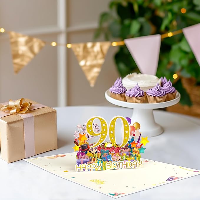 90 Years 0ld Firework Pop Up Happy Birthday Greeting Card, ideal love Gift for Adult and Kid with Blank Note & Envelope, Foldable Celebration for Daughter, Son, Mom, Dad, Friend, Children
