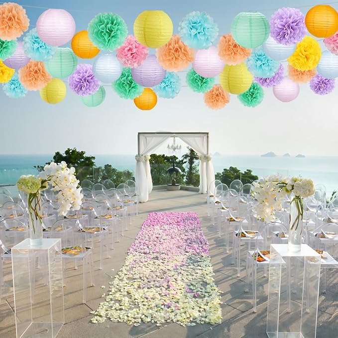 zilue Pastel Party Decorations, Paper Lanterns and Pom Poms Flowers for Birthday Party Baby Shower Easter Decor Pack of 15 Pieces