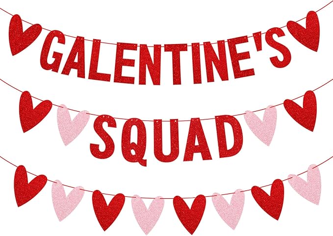 Glitter Galentines Squad Banner with Love Hearts - No DIY - Valentines Day Party Supplies, Women Girl Lady Galentines Day Decorations