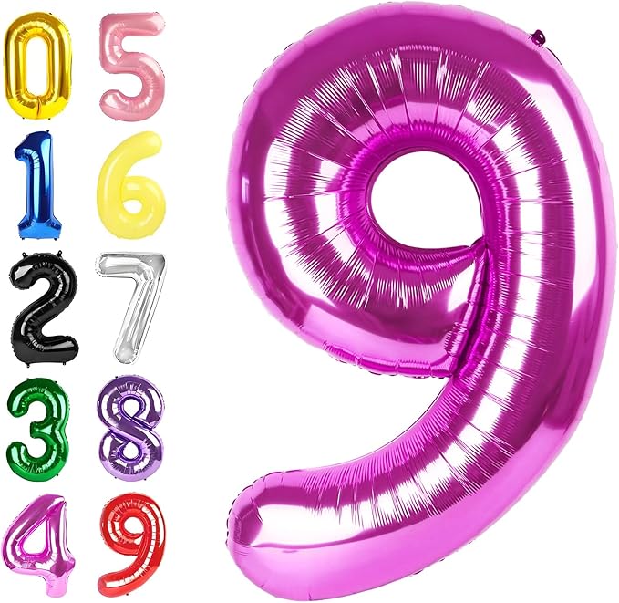 Rose Purple Number 9 Balloon, Foil 40 Inch Happy 9 19 29 90 Birthday for Men And Women, Foil Balloons Decoratins for Wedding Anniversary, Single, New Year, Halloween Party Syupplies