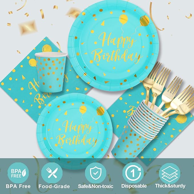 175PCS Teal and Gold Birthday Decorations, Teal Birthday Supplies Includes Disposable Paper Plates and Napkins, Cups, and Gold Plastic Sliverware for Party, Baby Shower, Serves 25