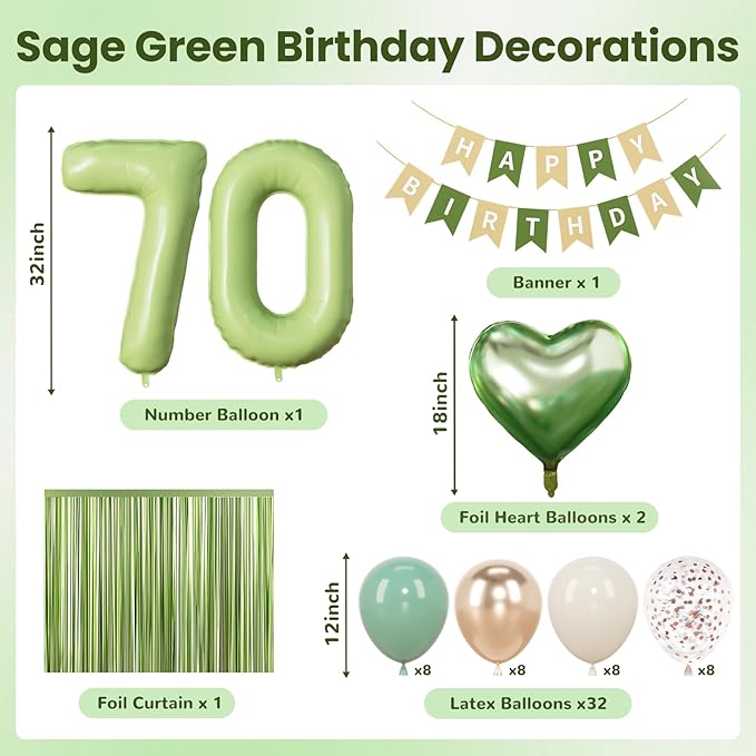 Sage Green 70th Birthday Decorations for Women Men, 70 Years Loved Milestone Party Supplies, Sand White & Cream Balloon Kit with Green Number 70 Balloon and Fringe