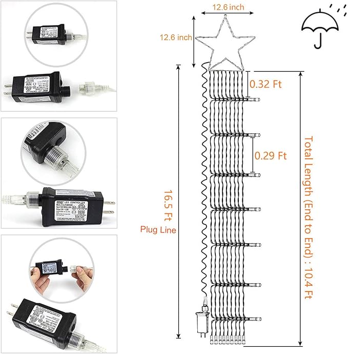 FUNIAO (New Christmas Decoration Lights, 320 LED Waterfall Christmas Tree Lights with 12" Star Topper, 8 Modes Indoor Outdoor String Lights for Yard, Party, Home, Holiday (Warm White)