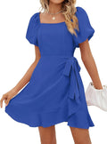 Sampeel Womens Summer Dresses Square Neck Puff Sleeve Tie Waist Short Dress