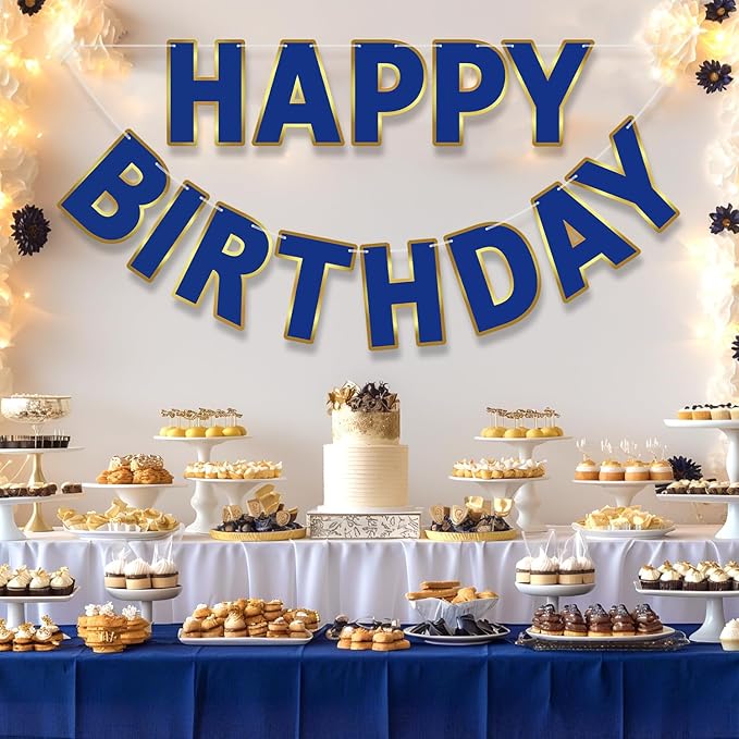 Happy Birthday Banner - 9ft Pre-Strung Happy Birthday Sign for Women, Men, Girls, Boys - No DIY Birthday Decorations & Party Supplies(Navy Blue)