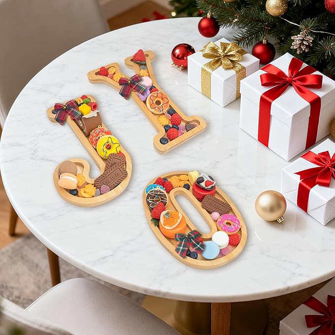3PCS Bamboo Christmas Decorations Letters Charcuterie Board Box-(with 14 Balloons and Bow) Joy Charcuterie Letters Fillable Food Christmas Party Supplies Table Decoration Food Tray Platter