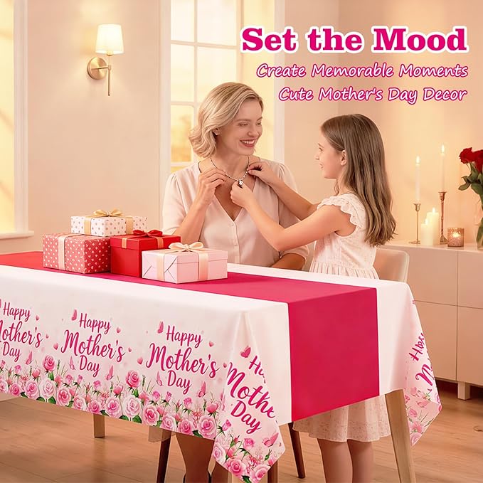3-Pack Mother's Day Tablecloth, Mothers Day Party Decorations, 54" x 108" Pink Flowers Plastic Disposable Table Covers,Mother's Day Party Supplies