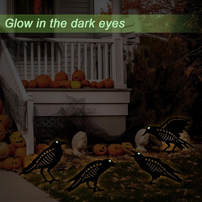 Halloween Decorations Outdoor,Metal 4 Pack Black Crow Garden Stake - Spooky Glow in The Dark Raven Silhouette Crows Halloween Decorations