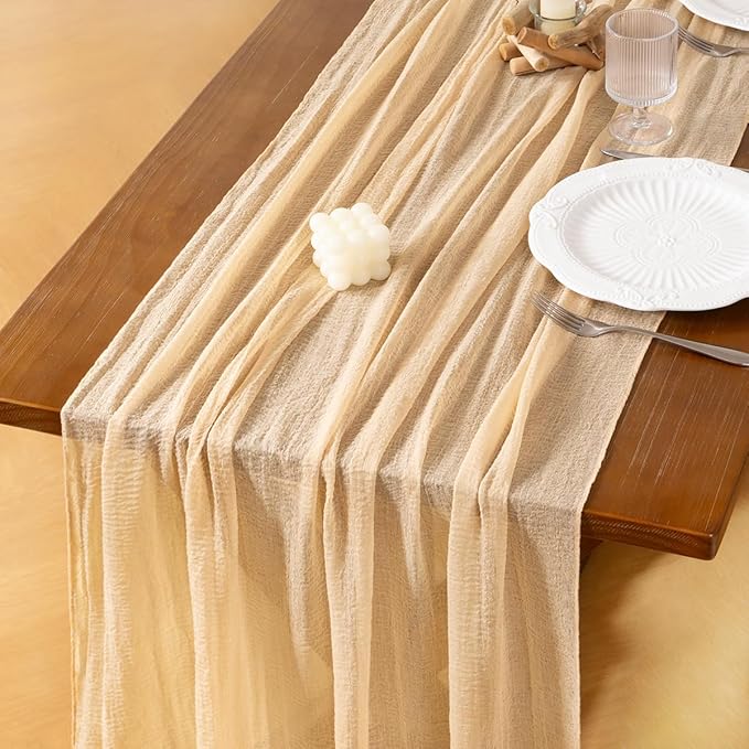 Socomi 6pcs Beige Cheesecloth Table Runner Valentine's Day Gauze 120 Inch Rustic Boho Cheese Cloth Runner for Wedding Party Baby Bridal Shower Centerpiece Decoration Holiday Home Decorations