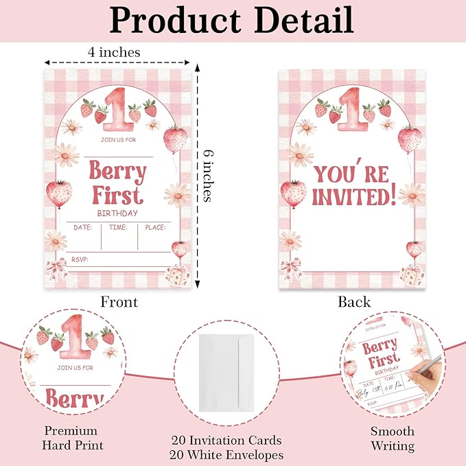 1st Birthday Invitations, Berry First Invites for Girls Boys, 20 Pcs Double-Sided Fill In Invitations with Envelopes, Birthday Party Favor & Supplies 6 x 4 Inch