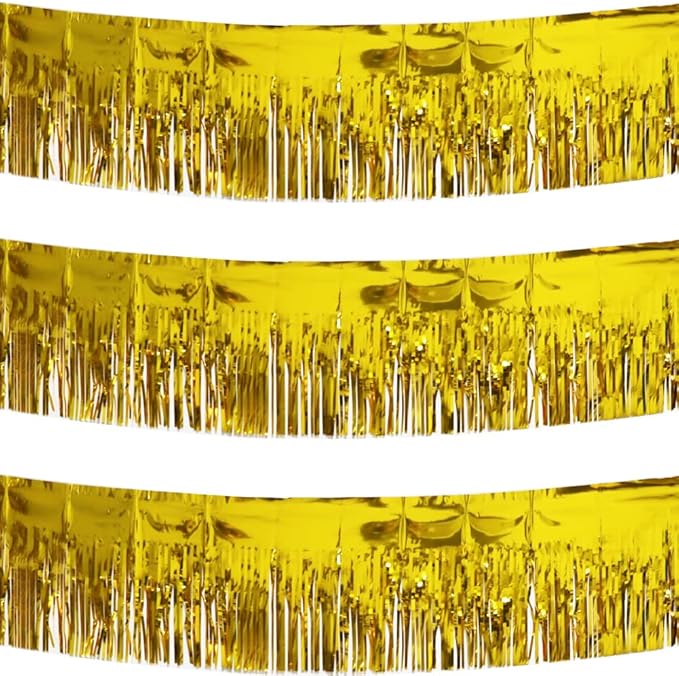 3 Pack Gold Total 30 Feet Foil Fringe Garland Metallic Tinsel Banner Wall Hanging Drapes Parade Float Skirting Decorations for Trailer Mardi Gras Party Birthday Wedding Baby Shower (Gold)