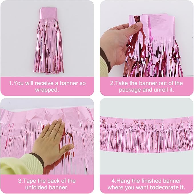 BEISHIDA 3 Packs Metallic Foil Fringe Garland Pink Wall Hanging Tinsel Fringe Banners for Car Floats Birthday Baby Bridal Shower Wedding Graduation Holiday Party Decoration(30 Feet)