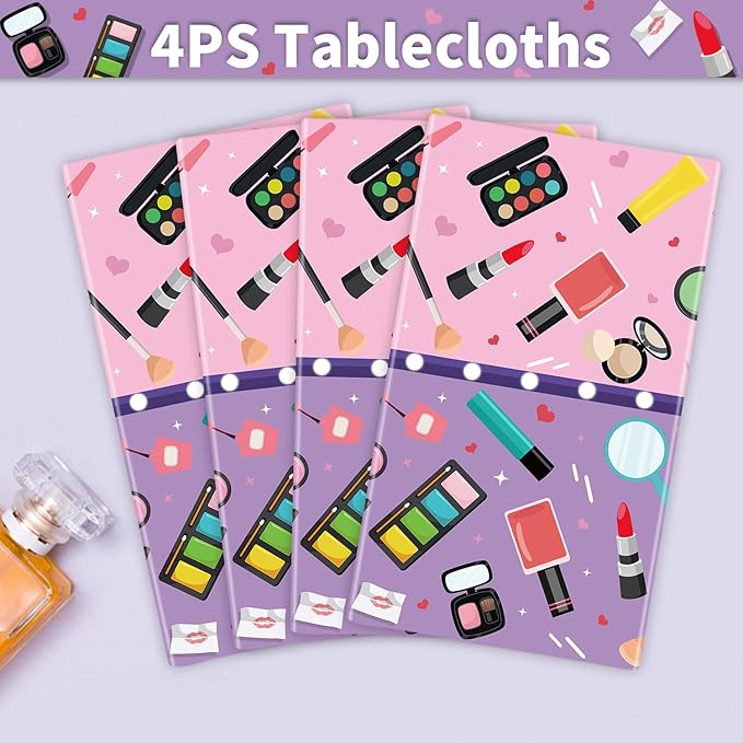 4 Pack Spa Theme Tablecloth Makeup Party Tablecovers 51 x 86 '' Disposable Plastic Makeup Theme Table Cover for Girls Spa Party Birthday Decorations Baby Shower