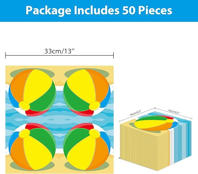 50pcs Beach Ball Party Napkins Disposable Summer Pool Ball Paper Napkins Supplies Decorations Beach Birthday Party Napkins Set for Baby Showers Holidays