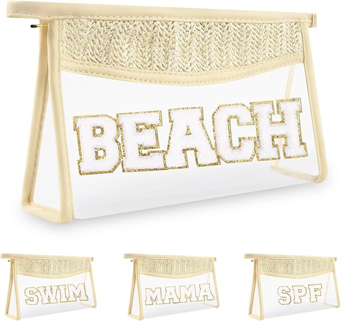 Iqimott Boho Patch Stuff Bag Clear Makeup Letter Bag, Waterproof Zipper Make up Bag Toiletry Pouch, Beach-Beige