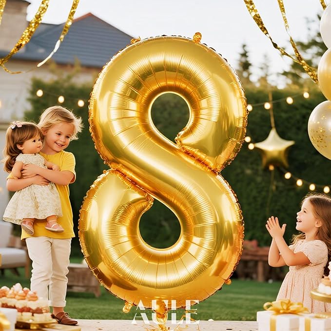 AULE 40 Inch Big Gold 8 Balloon Number Large Foil Helium Number Balloons 0-9 Jumbo Giant Happy 8th Birthday Party Decorations for Boy or Girl Huge Mylar Anniversary Party Supplies