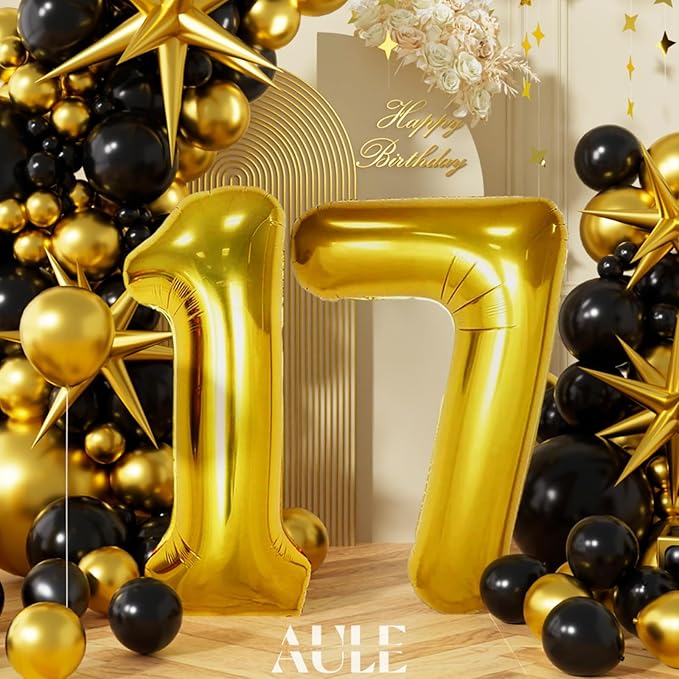 AULE 40 Inch Large 17 Number Balloons Gold, Big Foil Number Balloons, Giant Helium Happy 17th Birthday Party Decorations for Boy and Girl, Huge Mylar 71 Anniversary Party Supplies
