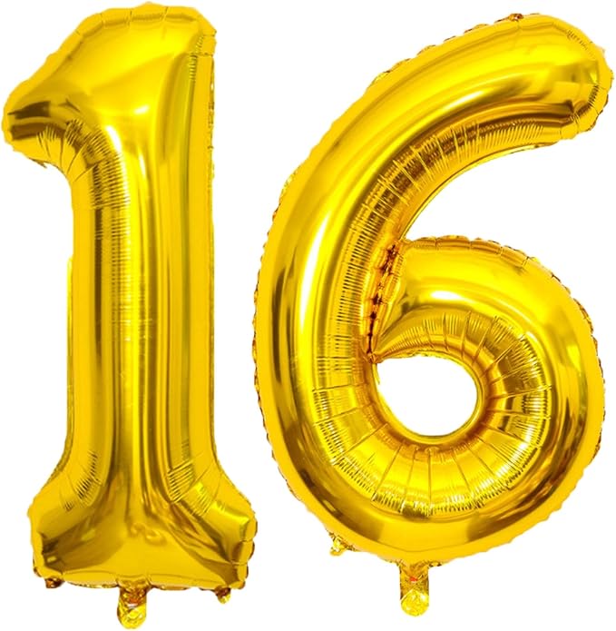 Large Gold 16 Number Balloons, 40 Inch Jumbo Number 16 Balloon, Gold Foil Mylar Balloons for Girl Sweet 16th/61th Birthday Party, Anniversary Decorations