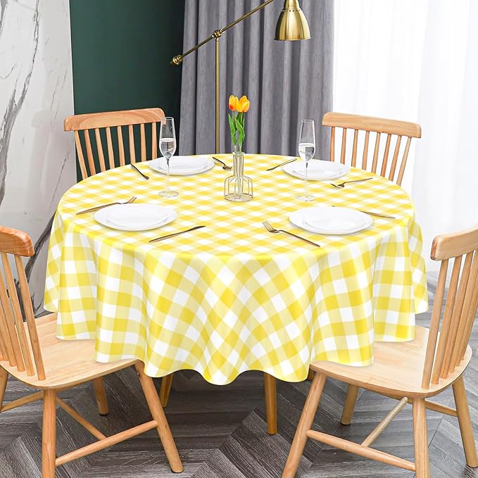 Mulbozy 2 Pcs Yellow Gingham Round Tablecloth, 84 inches Disposable Plastic Yellow and White Checkered Circle Table Covers for Baby Shower Wedding Bridal Shower Birthday Party Decorations