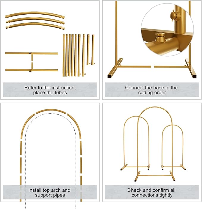 Metal Arch Backdrop Stand Set of 3, Heavy-Duty Balloons Arch Frame for Wedding Ceremony, Party, Baby Shower, Birthday Decorations (Gold, 4ft+5ft+6ft)