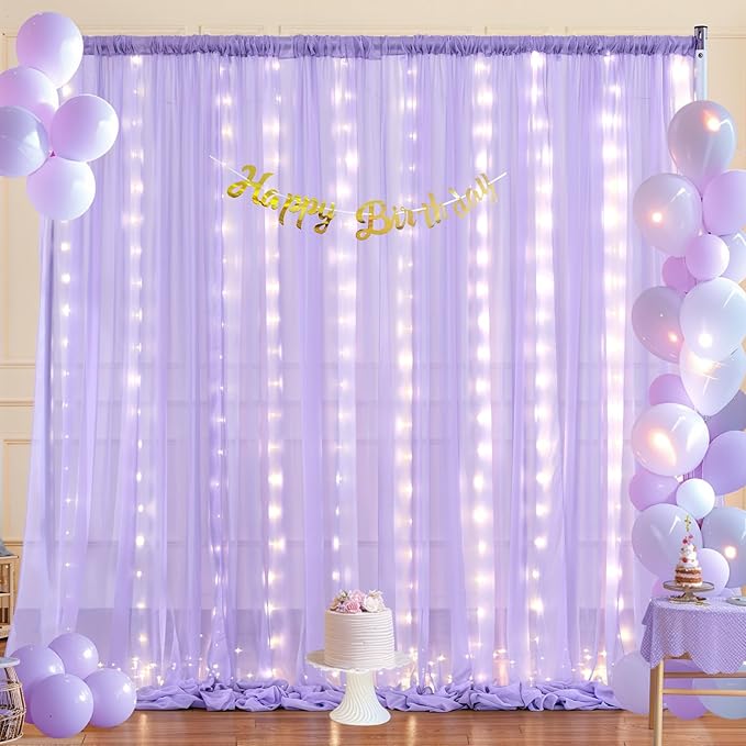 10x10ft Lavender Chiffon Backdrop Curtain with Lights String for Wedding Sheer Tulle Curtain Photo Backdrops Drapes for Baby Shower Birthday Party Home Ceremony Decorations