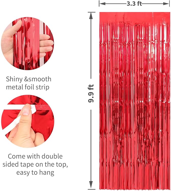 Crosize 4 Pack 3.3 x 9.9 ft Red Foil Fringe Curtains Party Decorations, Bachelorette Valentines Day Party Decorations, Tinsel Curtain Backdrop for Parties, Door Streamer for Birthday Decoration