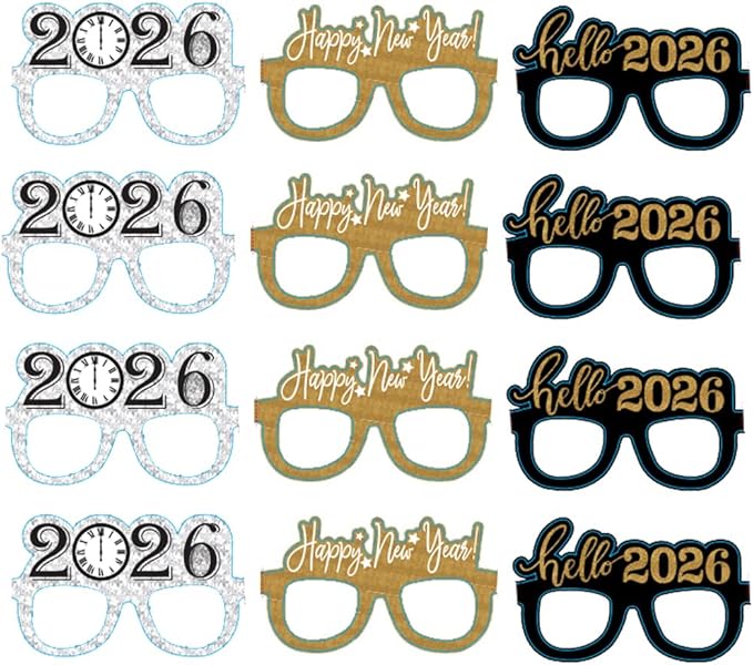 12 Pcs Happy New Year Eyeglasses,Hello 2026 Party Paper Glasses, Black and Gold Glitter New Years Eve Party Supplies 2025,Clock Countdown Favors for Costume Party,NYE Decorations 2026