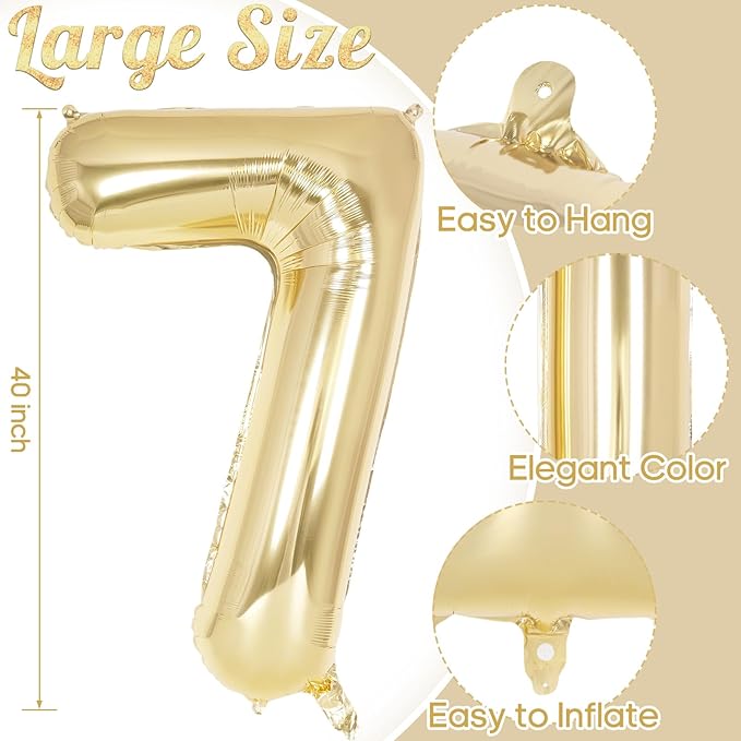 Light Gold Number 7 Balloon 40 Inch, Big Large Foil Helium White Gold Number Balloons, Giant Mylar Number 7 Balloons for 7 Year Old Birthday Party Decorations Supplies Anniversary