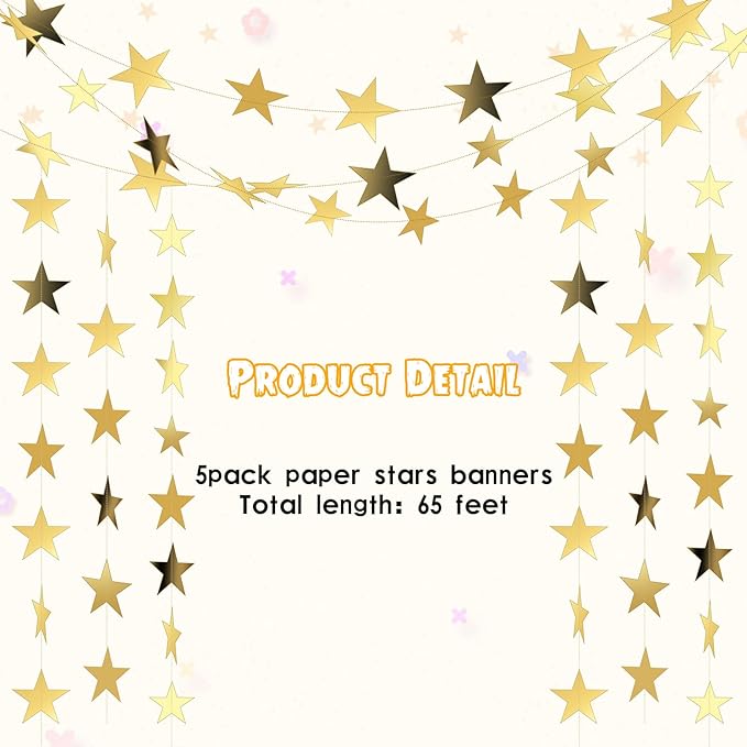 Spakon 65 Feet Glitter Star Paper Garland Banner Hanging Decoration Star Streamers Double Side 2026 Graduation Decorations for Wedding Birthday Festival New Year Party Decoration (Gold)