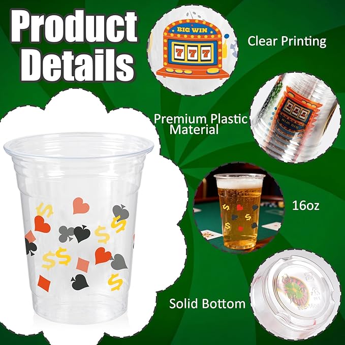 100 Pcs Casino Party Cups, 16 Oz Casino Plastic Cup Poker Clear Disposable Drinking Cups for Poker Game Night Themed Party Decoration Birthday Wedding Party Supplies