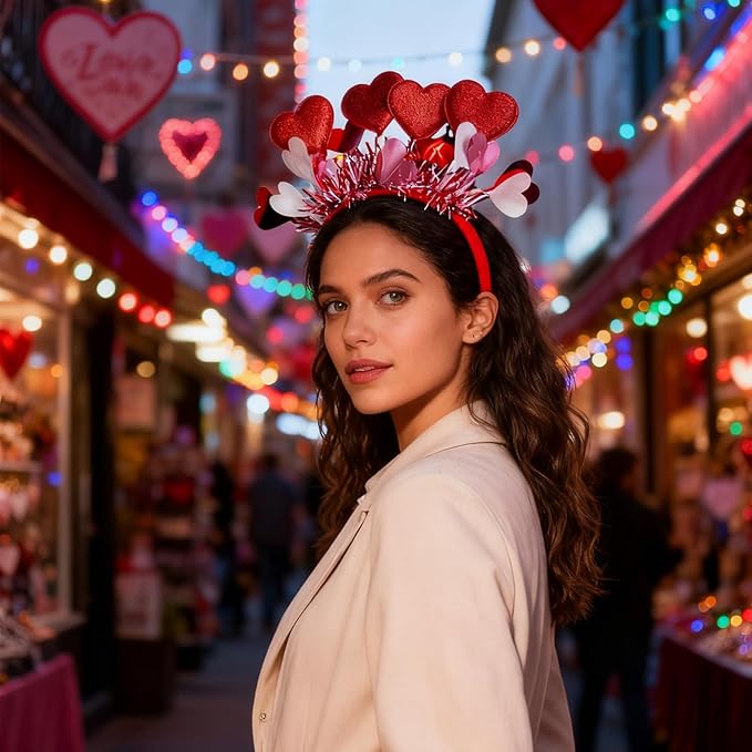 Valentines Headband with Sequin Heart Hair Accessories shiny pink Tassel Head Bopper red heart headbands for Women New Year Party Props Holiday Wedding Birthday Costume Accessory 1pcs