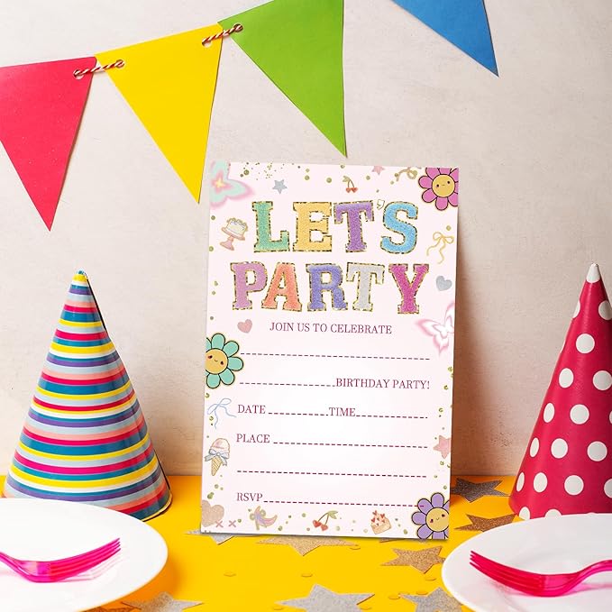 Let's Party Birthday Invitations, Floral Pink Party Invites for Girls, 4 x 6 inch, 20 Pcs Double-Sided Fill In Invitations with Envelopes