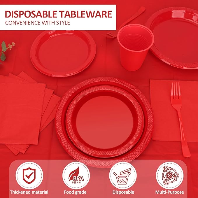 Red Plastic Dinnerware Set for Party, Disposable Plates for 100 Guests, 9" Dinner Plates & 7" Dessert Plates,Cups,Napkins,Forks,Plastic Plate Set for Birthday,BBQ,Christmas