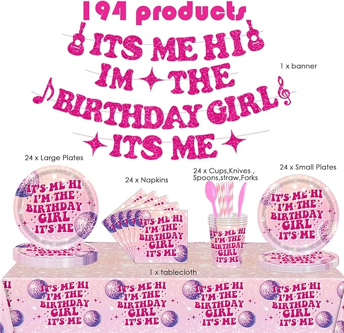 194 Pcs Its Me Hi Im The Birthday Girl Its Me Party Supplies Serve 24, Includes Plates, Cutlery, Tablecloth & Banner for Music Birthday Theme Decorations