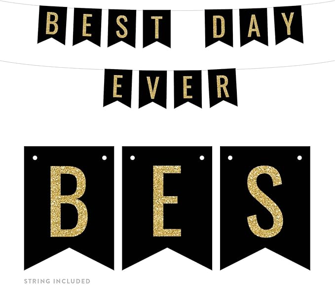 Andaz Press Faux Gold Glitter on Black Wedding Party Banner Decorations, Best Day Ever, Approx 5-Feet, 1-Set, Colored Hanging Pennant Decor