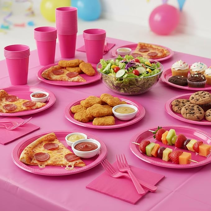Cerise Plastic Plates Set-100 Guest 9" Dinner Plates & 7" Dessert Plates,12 oz Cups,Napkins,Forks,Hot Pink Disposable Plastic Tableware for Girls Women,Summer Party,Birthday