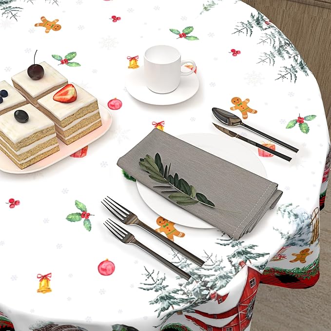 Christmas Round Tablecloth 70 Inch Xmas Snowman Pattern Circle Table Cloth Red Plaid Tablecloth Winter Table Cover Washable Polyester Decor for Home Kitchen Dinning Party