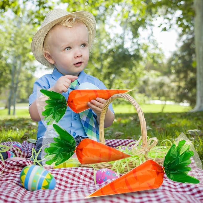 100 Cellophane Gift Bags - Easter Carrot Shape Candy Bags with 100 Twist Ties for Cookies, Candy & Party Decoration - OPPSET01