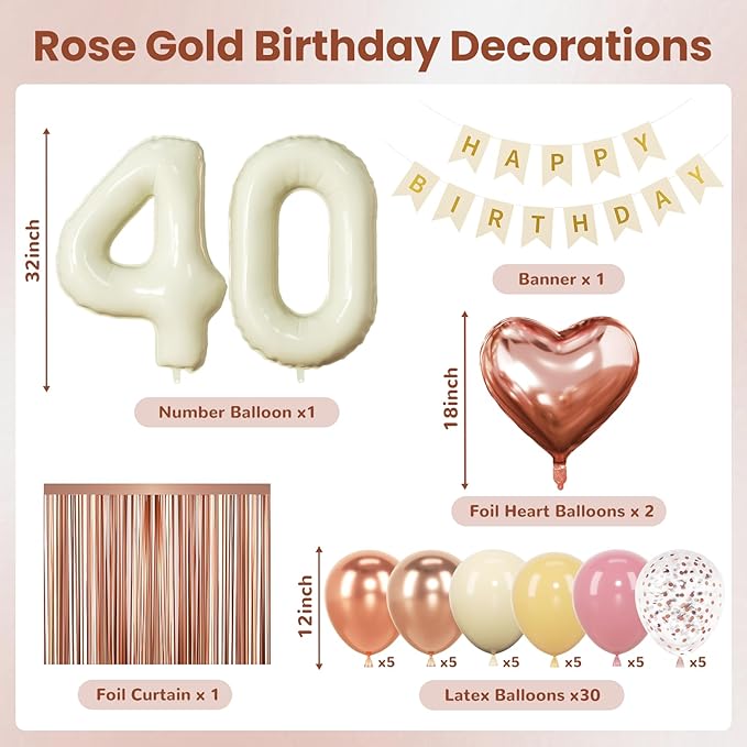 40th Birthday Decorations for Women, Retro Sand White and Cream Balloon Garland Kit, Cream Number 40 Balloon, Pink Happy 40th Banner, Milestone Party Supplies