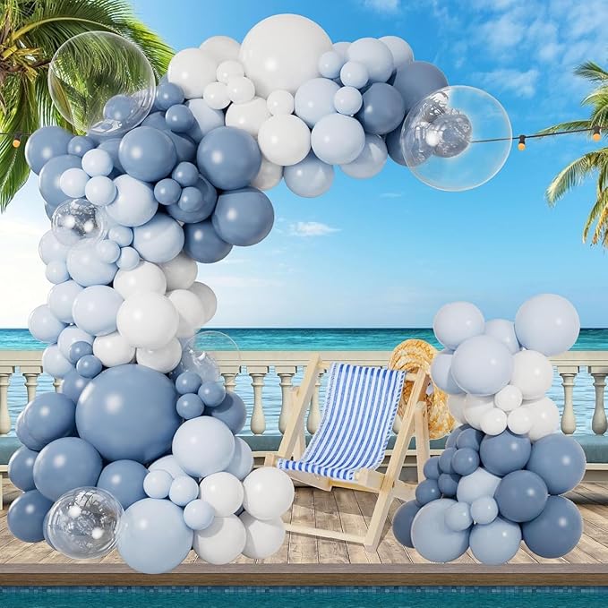 CboDeco Dusty Blue Balloon Garland Arch Kit 140PCS Light Blue White Clear Balloons in 18 12 10 5 Inch for Baby Shower Gender Reveal Bridal Shower Wedding Birthday Party Decorations