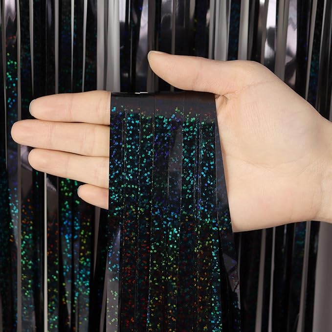 2 Pack Fringe Curtains Backdrops, Foil Fringe Curtains, Door Streamers for Birthday Wedding Bridal Shower Holiday Graduation Party Decorations, Photo Booth Backdrops, Glitter Black