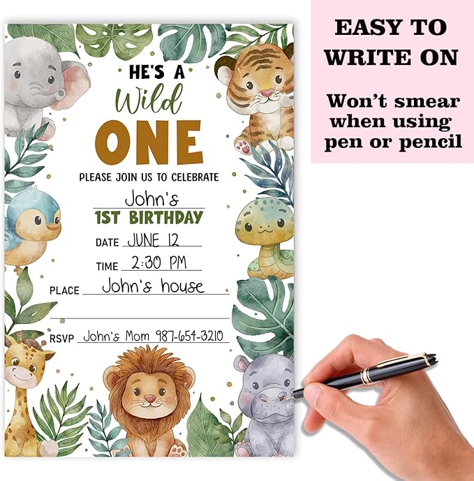 Jungle Animals Birthday Invitation Cards For Girls Boys kids, He's a Wild One Birthday Party Supplies Favors, 20 Fill-In Invitation Cards with Envelopes -05