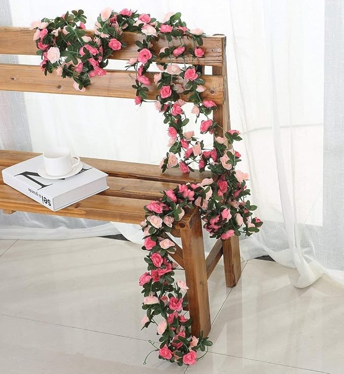Miracliy 8Pcs 66FT Pink Flower Garland, Artificial Rose Floral Vines Fake Hanging Spring Flower Garland for Wall Backdrop Wedding Arch Tea Party Door Mantle Decoration