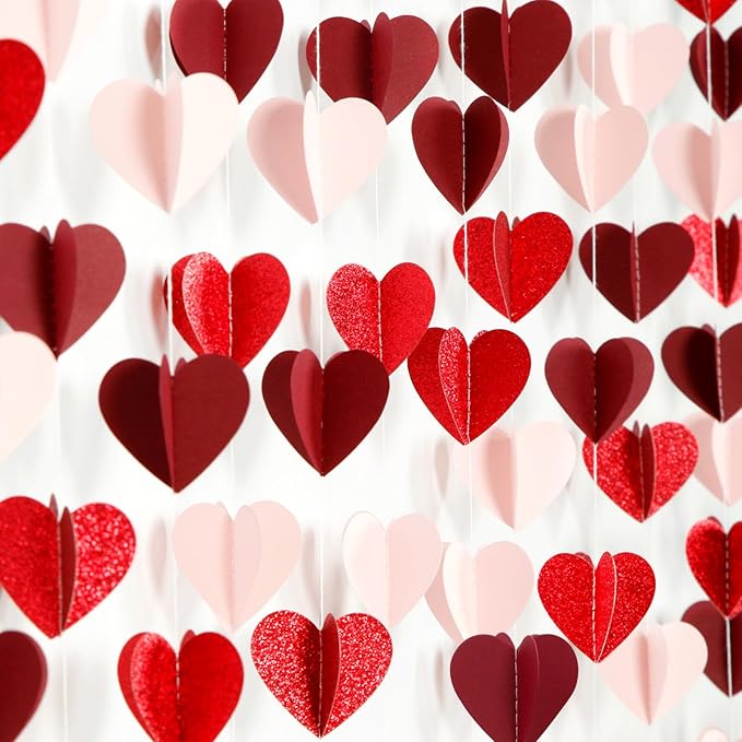 Valentines Day Pink Red Party-Decorations Heart-Garland - 39Ft 3D Burgundy Proposal Romantic Special Night Galentines Hanging Paper Streamers Banner,Engagement Wedding Baby Bridal Shower Decor Ouruola