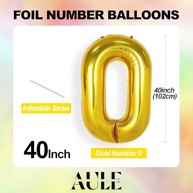 AULE 40 Inch Big Gold 0 Balloon Number Large Foil Helium Number Balloons 0-9 Jumbo Giant Happy 0th Birthday Party Decorations for Boy or Girl Huge Mylar Anniversary Party Supplies