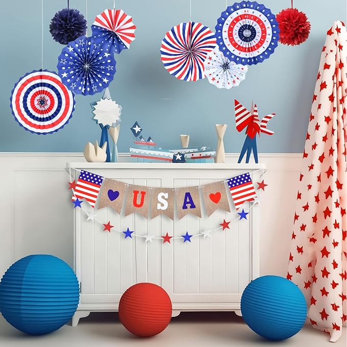 4th of July Decorations Independence Day Patriotic Decor Set - Red White Blue Paper USA Banner Flag Fans Star Streamer Pom Poms for Memorial Veterans Labor Presidents Flag Day Home Parties Accessories