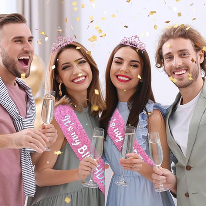 CAVETEE Birthday Crowns for Women - Its My Birthday Sash and Crown Set for Adult Women - Party Decorations and Gifts (Pink)