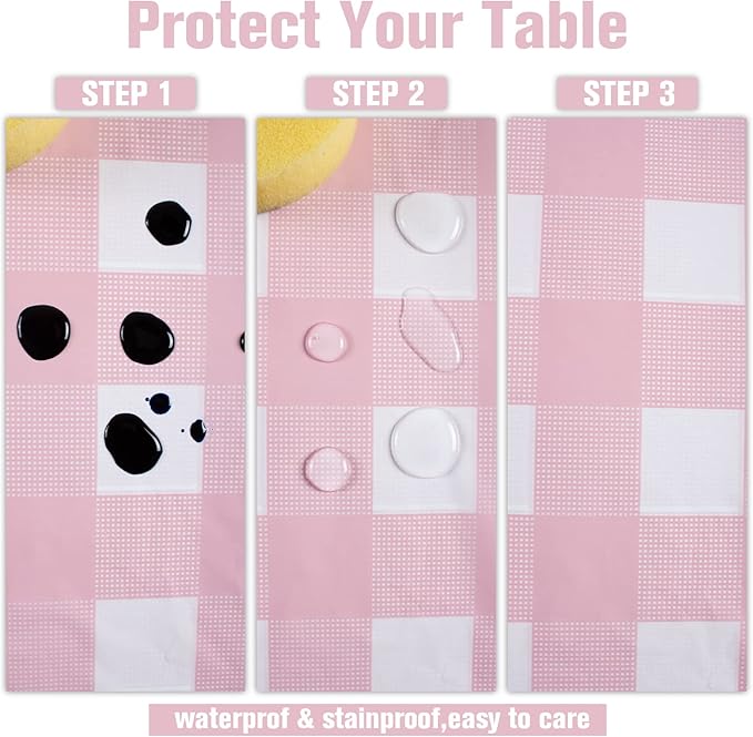 Kesfey 8 Packs Pink and White Checkered Tablecovers 54 x 108 Inches Disposable Party Picnic Table Cloth SpillProof Plastic Gingham Tablecovers for Camping Decoration Party Favors