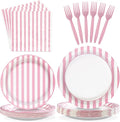 96Pcs Pink Striped Party Supplies Pink and White Stripe Plates and Napkins Disposable Pastel Striped Carnival Decoration Favors for Girls Birthday Wedding Bridal Baby Shower Summer BBQ Party Serves 24