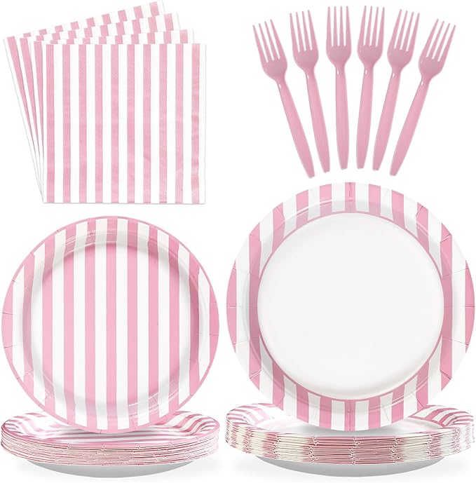 96Pcs Pink Striped Party Supplies Pink and White Stripe Plates and Napkins Disposable Pastel Striped Carnival Decoration Favors for Girls Birthday Wedding Bridal Baby Shower Summer BBQ Party Serves 24